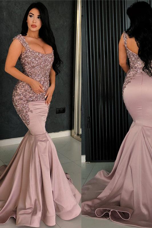Chic Pink Mermaid Evening Dress Straps Appliques Long Formal Dresses - Image 2