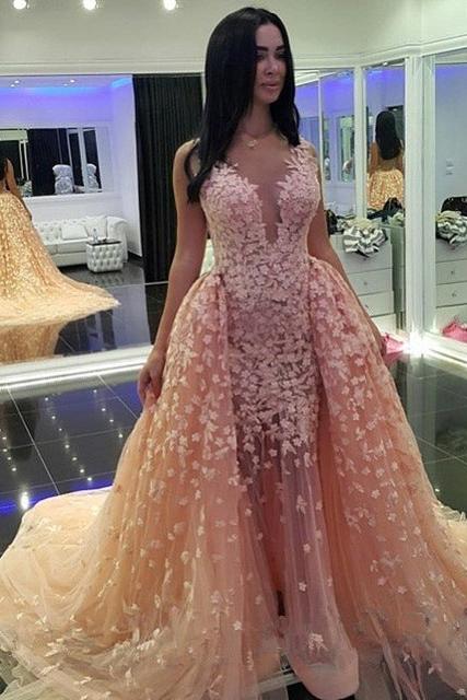 Chic Pink Mermaid Puffy Formal Dresses |Detachable Train Dubai Arabic Evening Dresses - Image 2