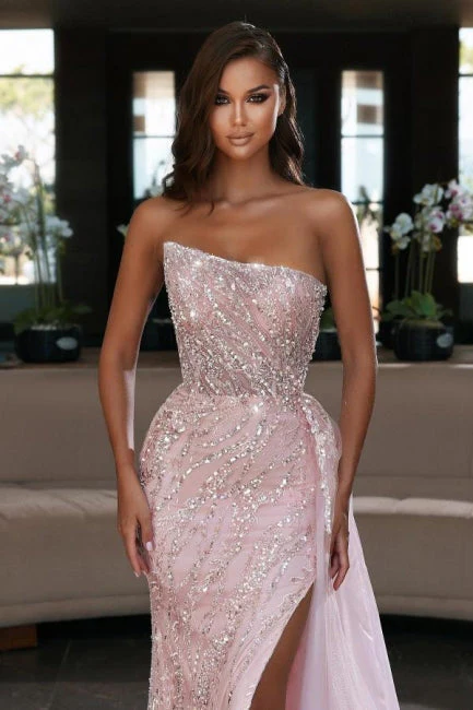 Gorgeous Pink Sequins Sleeveless Long Mermaid Prom Dress Split Online - Image 2