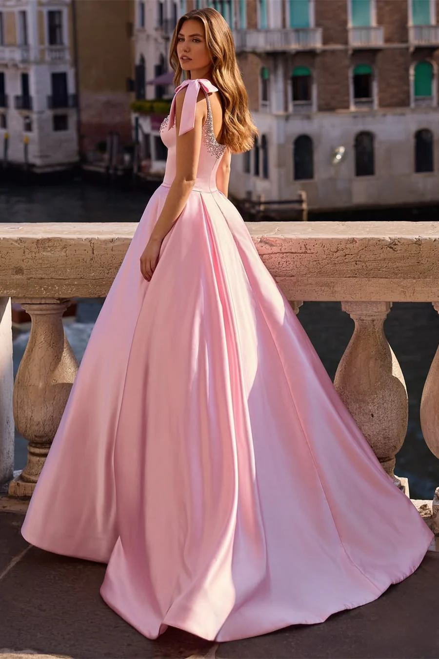 Chic Pink Spaghetti-Strap Sleeveless Satin Prom Dress A-Line Beads With Zipper Bow Knot - Image 2