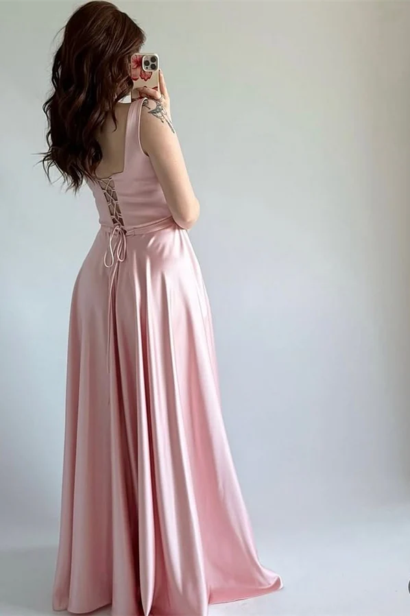 Chic Pink Square Straps Sleeveless Prom Dresses Satin Lace-UP Back With Pleats - Image 2