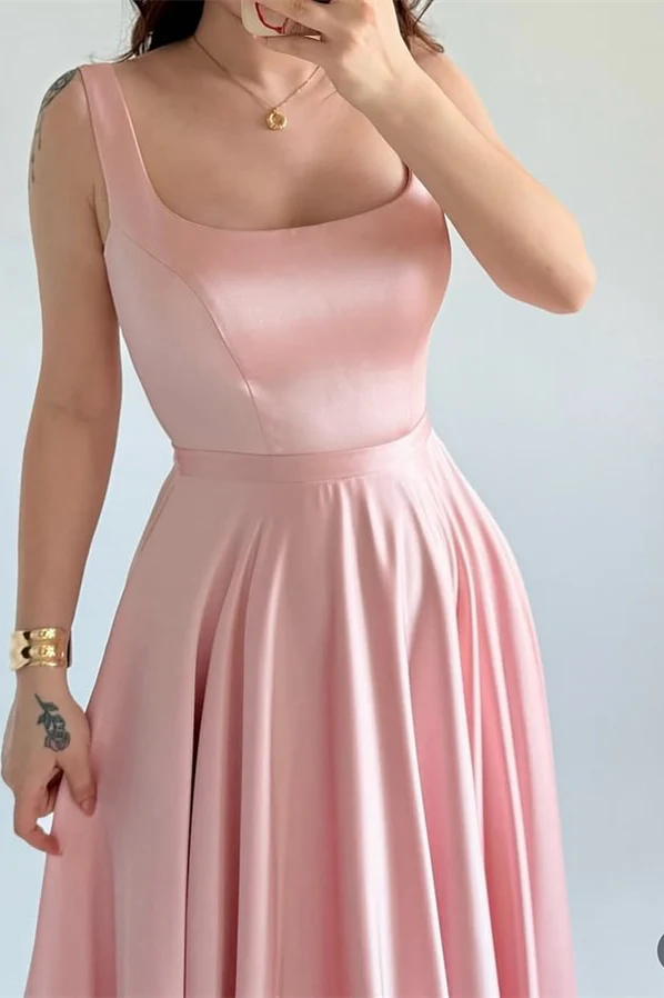 Chic Pink Square Straps Sleeveless Prom Dresses Satin Lace-UP Back With Pleats - Image 3