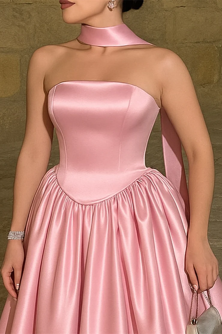 Chic Pink Strapless Sleeveless Stain Prom Dress A-Line Long With Pleats - Image 2