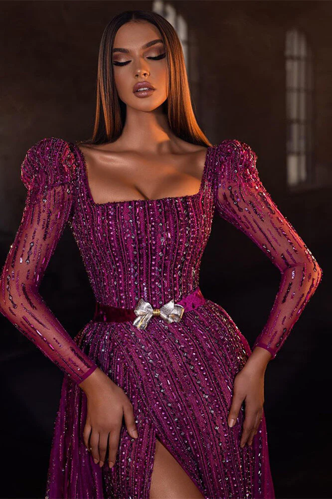 Chic Purple Square Prom Dress Mermaid Long Sleeves Beadings With Split - Image 2