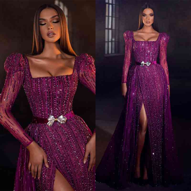 Chic Purple Square Prom Dress Mermaid Long Sleeves Beadings With Split - Image 3
