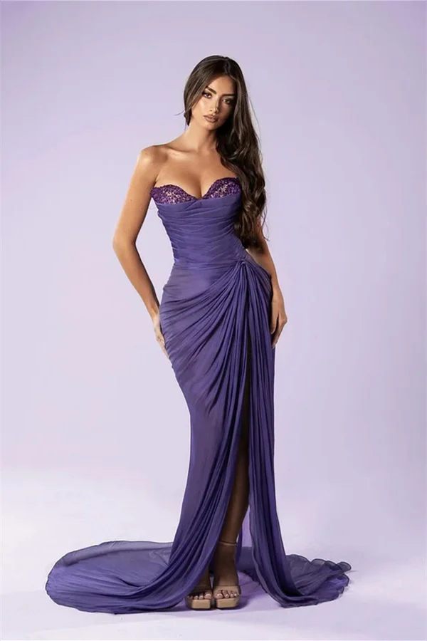 Chic Purple Sweetheart Strapless Sleeveless Chiffon Prom Dresses High Split With Beads - Image 2