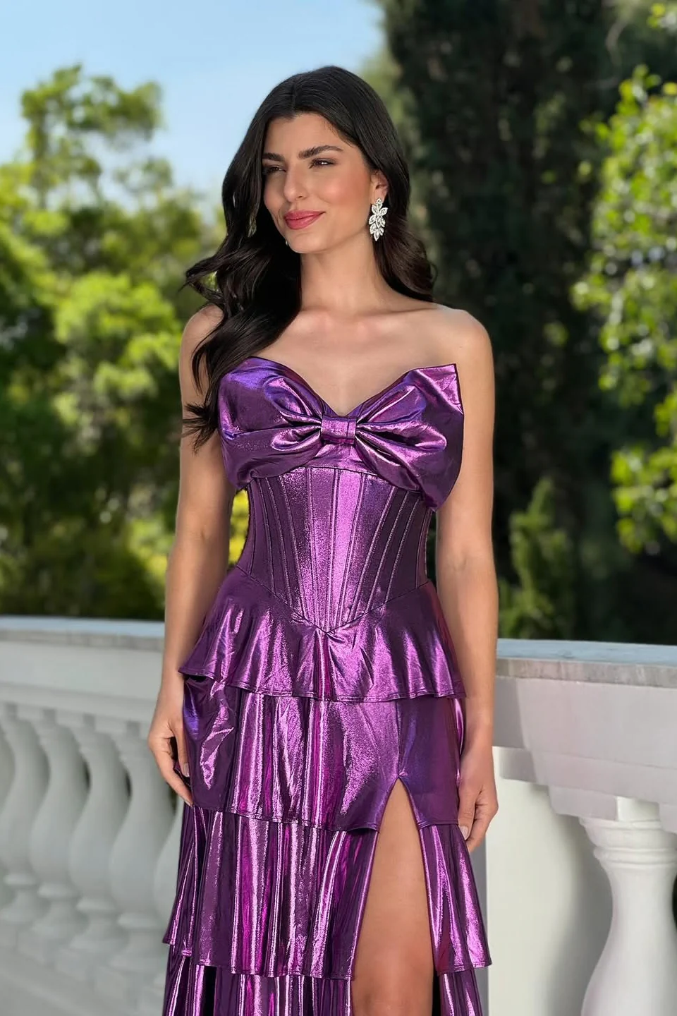 Chic Purple Sweetheart Strapless Sleeveless Prom Dress High Split Long With Zipper Pleats - Image 4