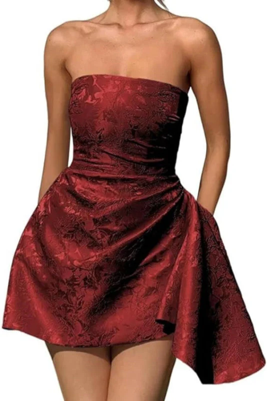 Ruched Satin Mini Party Dress Strapless Floral Jacquard Homecoming Dress with Pocket - Image 10