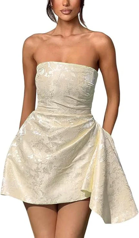 Ruched Satin Mini Party Dress Strapless Floral Jacquard Homecoming Dress with Pocket - Image 11