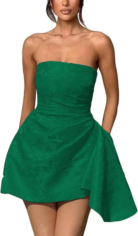 Ruched Satin Mini Party Dress Strapless Floral Jacquard Homecoming Dress with Pocket - Image 12