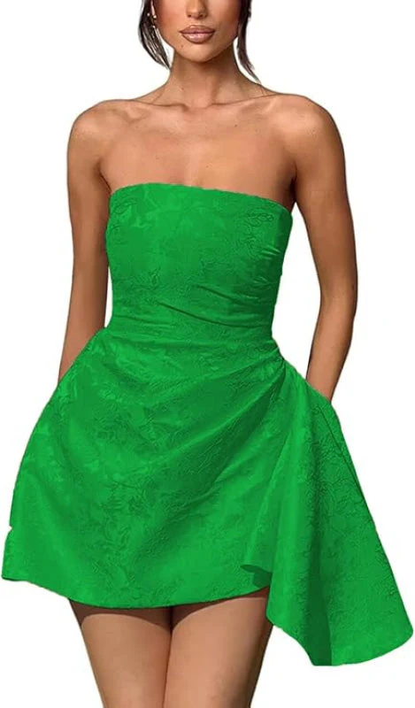 Ruched Satin Mini Party Dress Strapless Floral Jacquard Homecoming Dress with Pocket - Image 13