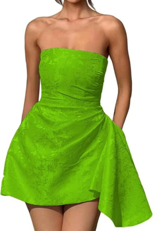 Ruched Satin Mini Party Dress Strapless Floral Jacquard Homecoming Dress with Pocket - Image 14