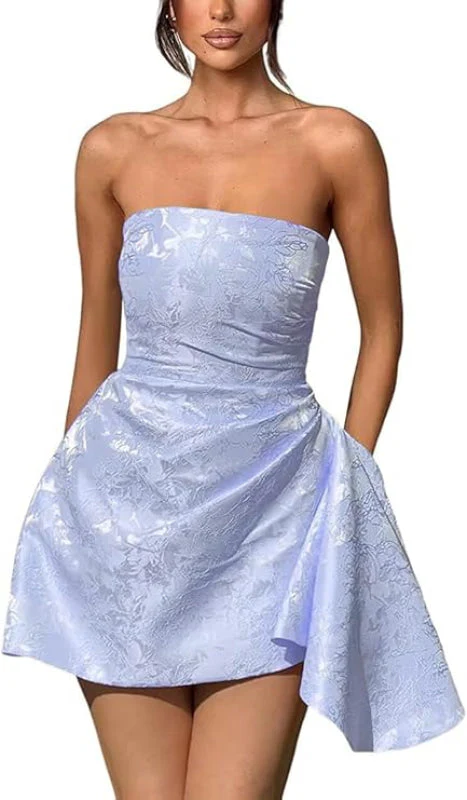Ruched Satin Mini Party Dress Strapless Floral Jacquard Homecoming Dress with Pocket - Image 15
