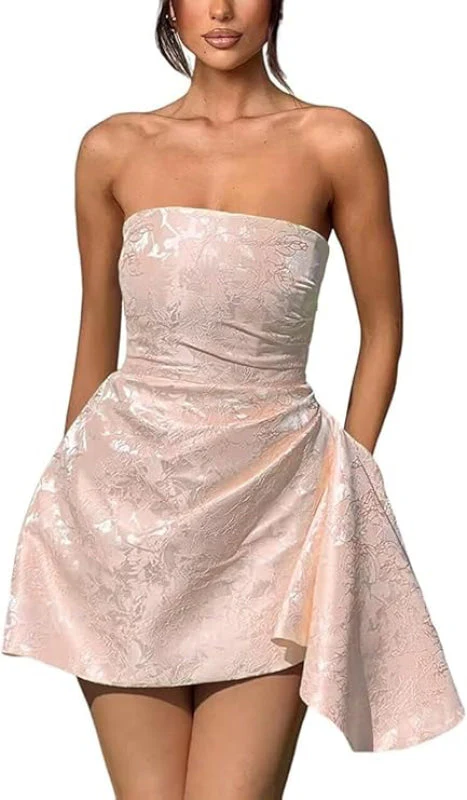 Ruched Satin Mini Party Dress Strapless Floral Jacquard Homecoming Dress with Pocket - Image 16