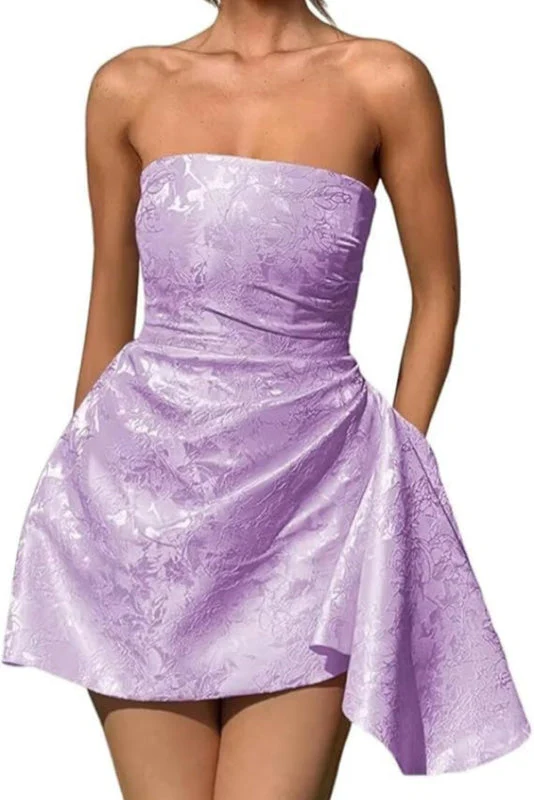 Ruched Satin Mini Party Dress Strapless Floral Jacquard Homecoming Dress with Pocket - Image 17