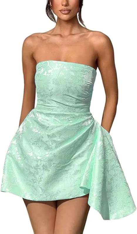 Ruched Satin Mini Party Dress Strapless Floral Jacquard Homecoming Dress with Pocket - Image 18