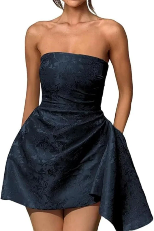 Ruched Satin Mini Party Dress Strapless Floral Jacquard Homecoming Dress with Pocket - Image 19