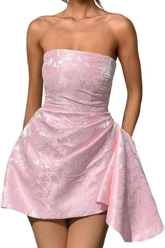 Ruched Satin Mini Party Dress Strapless Floral Jacquard Homecoming Dress with Pocket - Image 2
