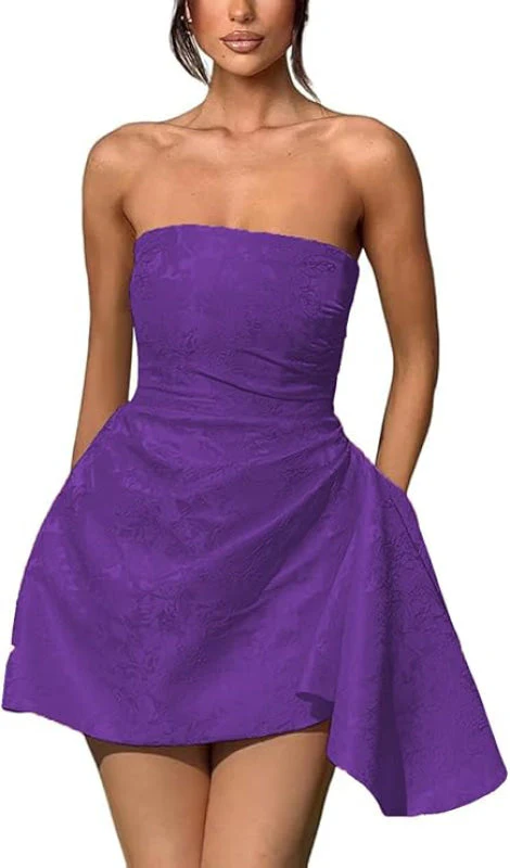 Ruched Satin Mini Party Dress Strapless Floral Jacquard Homecoming Dress with Pocket - Image 20