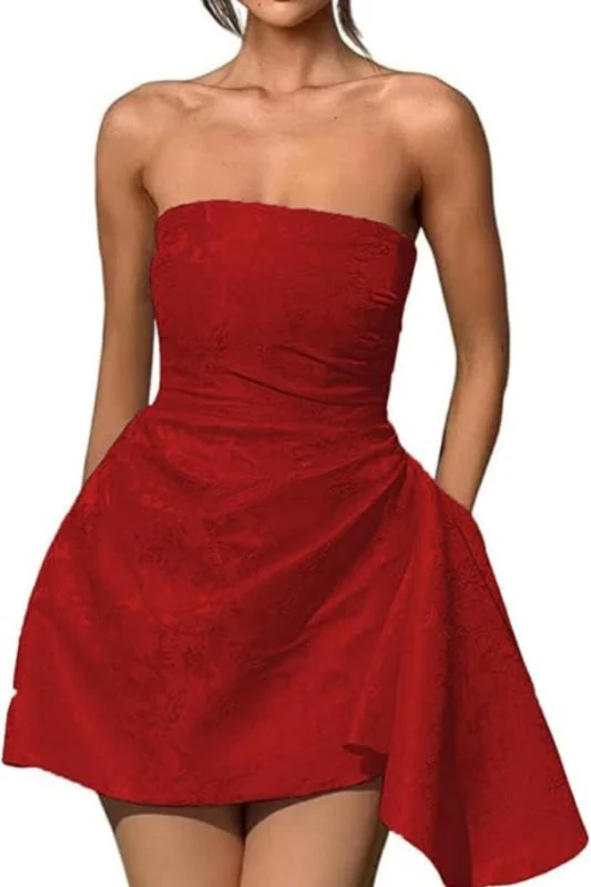 Ruched Satin Mini Party Dress Strapless Floral Jacquard Homecoming Dress with Pocket - Image 21