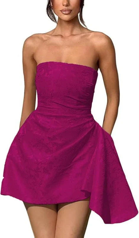 Ruched Satin Mini Party Dress Strapless Floral Jacquard Homecoming Dress with Pocket - Image 22