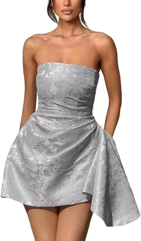 Ruched Satin Mini Party Dress Strapless Floral Jacquard Homecoming Dress with Pocket - Image 25