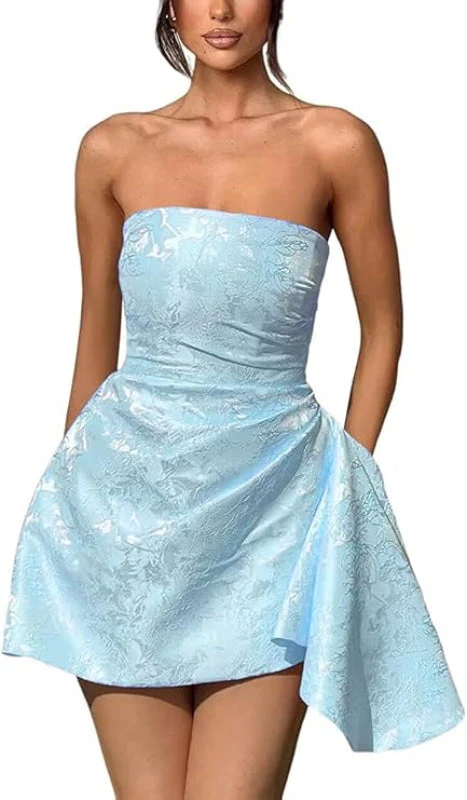Ruched Satin Mini Party Dress Strapless Floral Jacquard Homecoming Dress with Pocket - Image 26