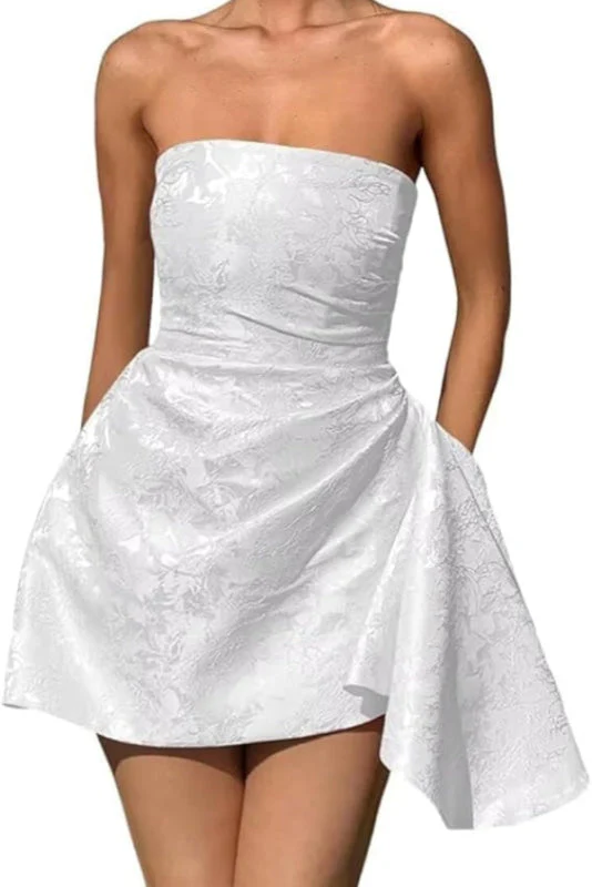 Ruched Satin Mini Party Dress Strapless Floral Jacquard Homecoming Dress with Pocket - Image 27
