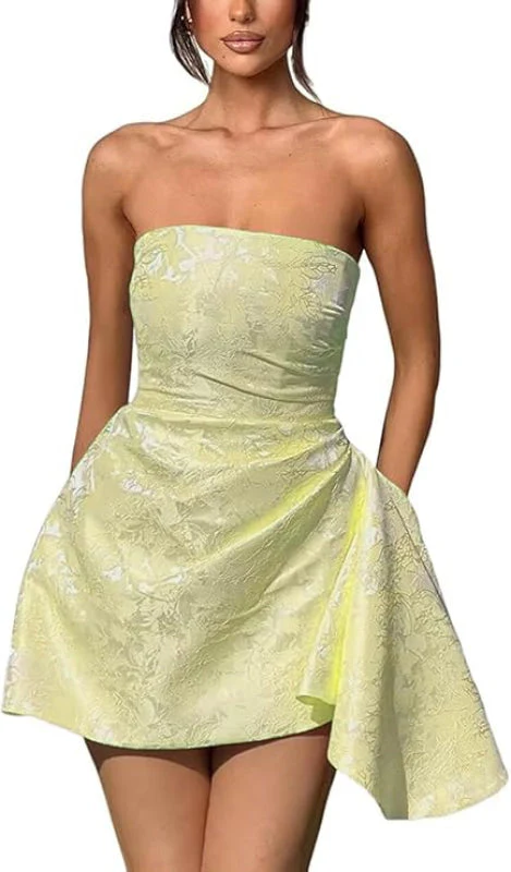 Ruched Satin Mini Party Dress Strapless Floral Jacquard Homecoming Dress with Pocket - Image 28