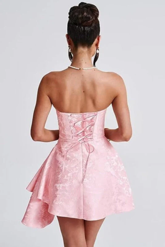 Ruched Satin Mini Party Dress Strapless Floral Jacquard Homecoming Dress with Pocket - Image 3