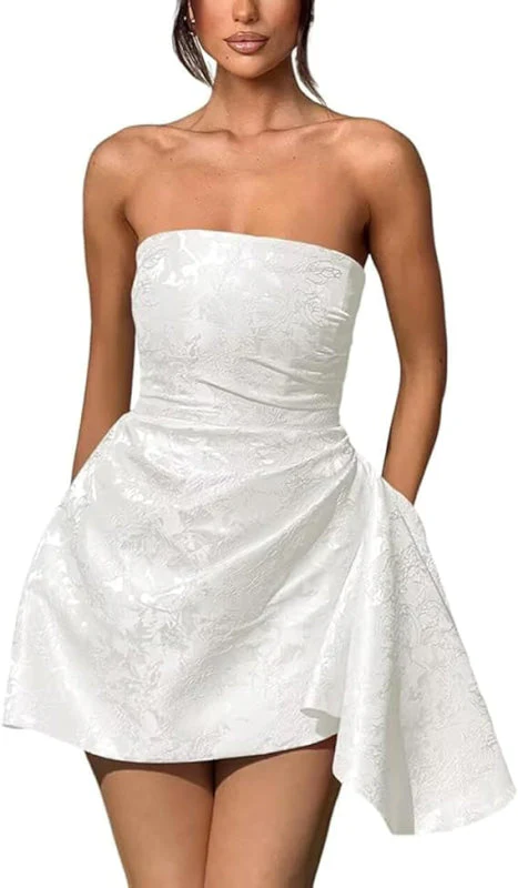 Ruched Satin Mini Party Dress Strapless Floral Jacquard Homecoming Dress with Pocket - Image 5