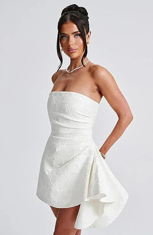 Ruched Satin Mini Party Dress Strapless Floral Jacquard Homecoming Dress with Pocket - Image 6