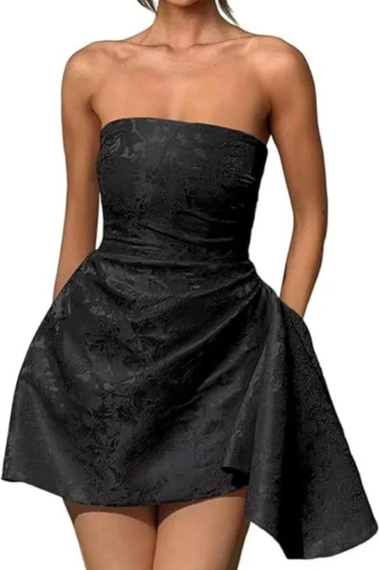 Ruched Satin Mini Party Dress Strapless Floral Jacquard Homecoming Dress with Pocket - Image 8