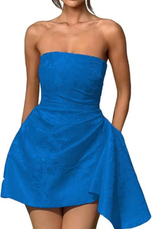 Ruched Satin Mini Party Dress Strapless Floral Jacquard Homecoming Dress with Pocket - Image 9