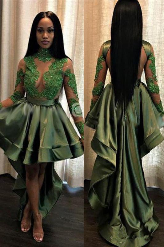 Chic See Through Lace Long Sleeves Prom Party Gowns| Hi-lo Dark Green Evening Dress - Image 2