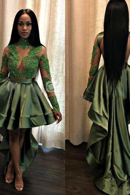 Chic See Through Lace Long Sleeves Prom Party Gowns| Hi-lo Dark Green Evening Dress - Image 3