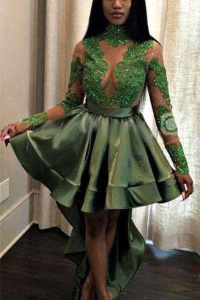 Chic See Through Lace Long Sleeves Prom Party Gowns| Hi-lo Dark Green Evening Dress - Image 4