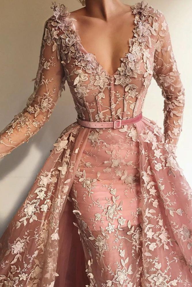 Chic See-Through Tulle Pink Long Sleevess Mermaid Prom Party Gowns - Image 2