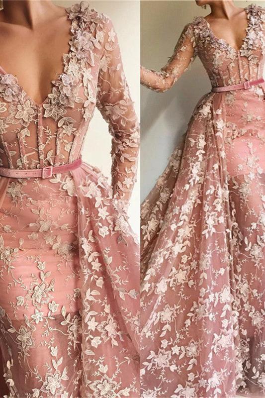 Chic See-Through Tulle Pink Long Sleevess Mermaid Prom Party Gowns - Image 3