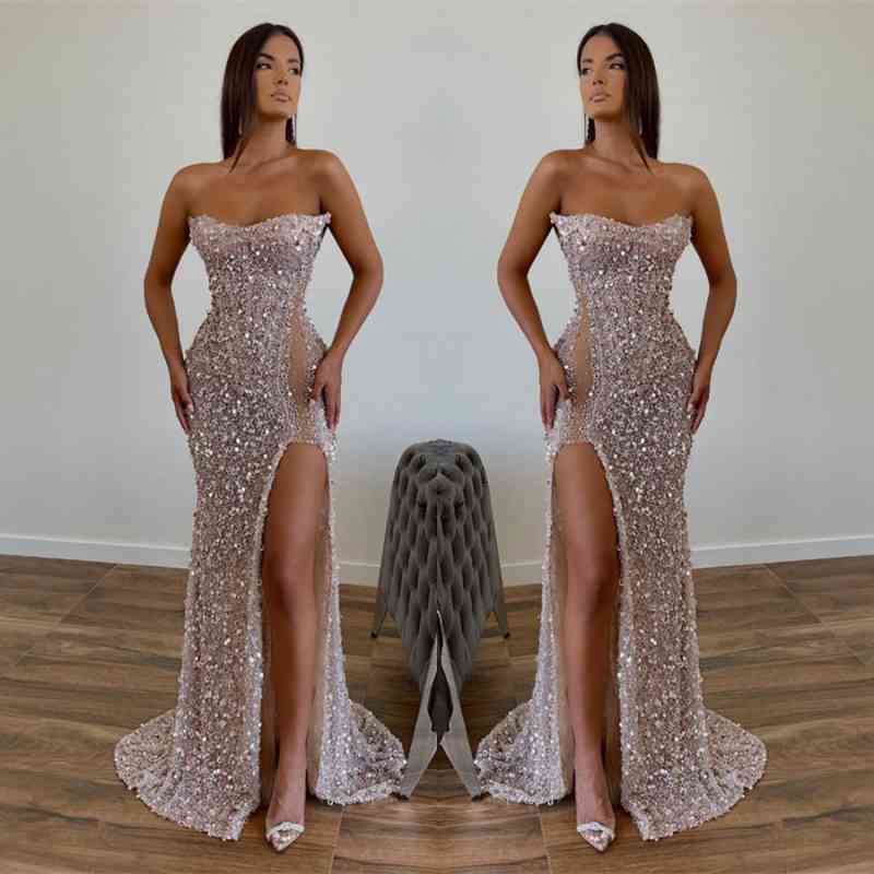 Modern Sequined Long Strapless A-line Evening Prom Dresses with Front Slit - Image 3