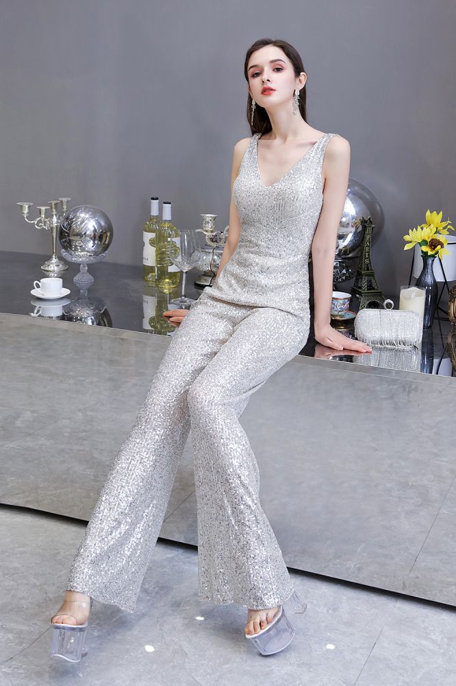 Chic Shining V-neck Silver Sequin Sleeveless Prom Jumpsuit - Image 10