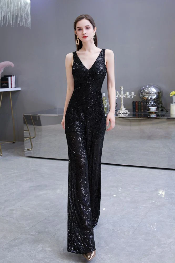 Chic Shining V-neck Silver Sequin Sleeveless Prom Jumpsuit - Image 11