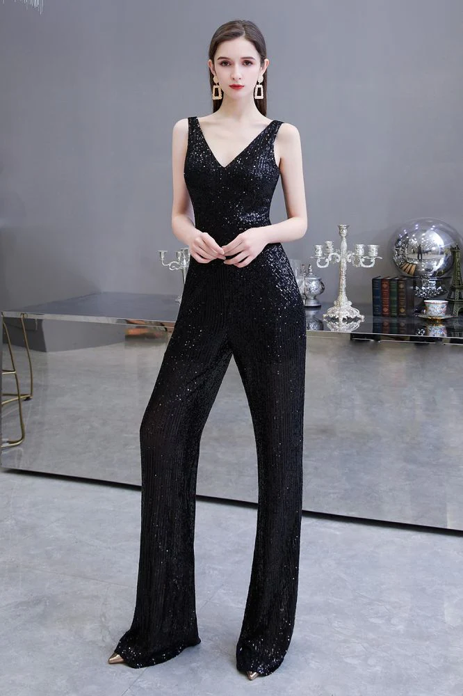 Chic Shining V-neck Silver Sequin Sleeveless Prom Jumpsuit - Image 12