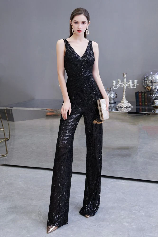 Chic Shining V-neck Silver Sequin Sleeveless Prom Jumpsuit - Image 13