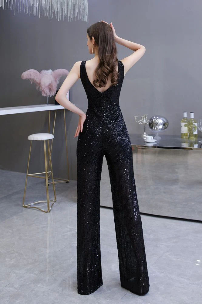 Chic Shining V-neck Silver Sequin Sleeveless Prom Jumpsuit - Image 14