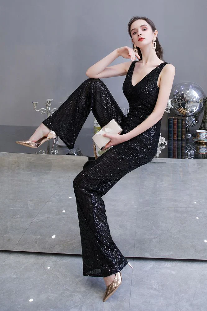 Chic Shining V-neck Silver Sequin Sleeveless Prom Jumpsuit - Image 15
