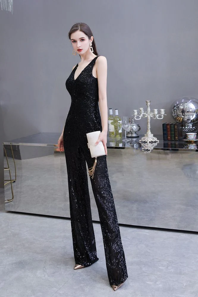 Chic Shining V-neck Silver Sequin Sleeveless Prom Jumpsuit - Image 17