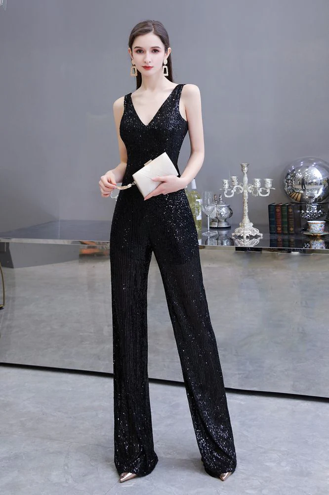 Chic Shining V-neck Silver Sequin Sleeveless Prom Jumpsuit - Image 18