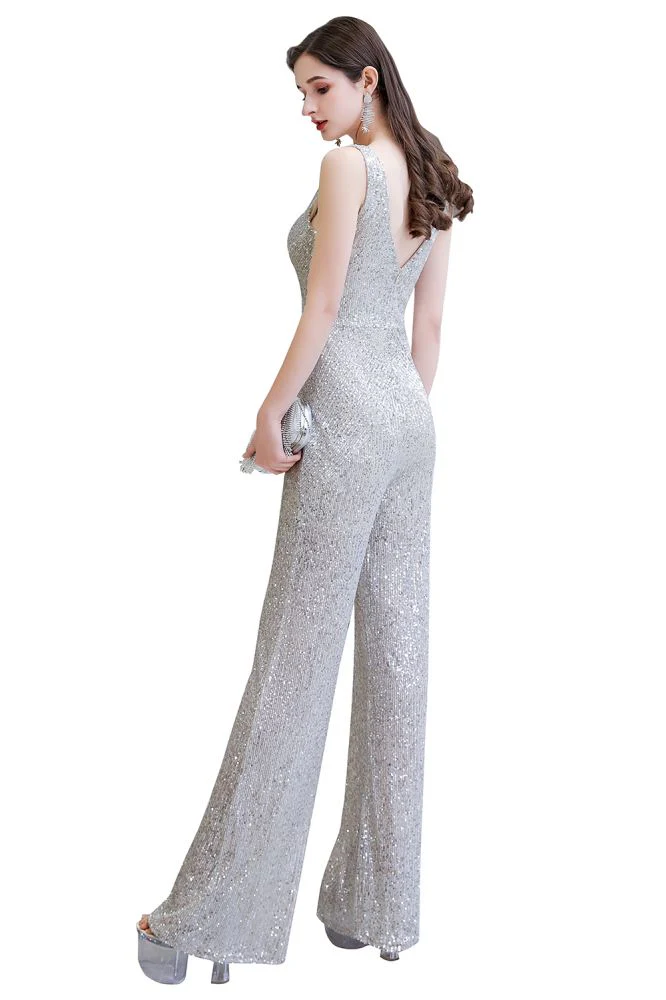 Chic Shining V-neck Silver Sequin Sleeveless Prom Jumpsuit - Image 22