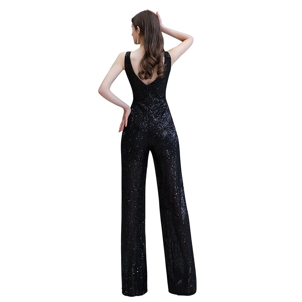 Chic Shining V-neck Silver Sequin Sleeveless Prom Jumpsuit - Image 23